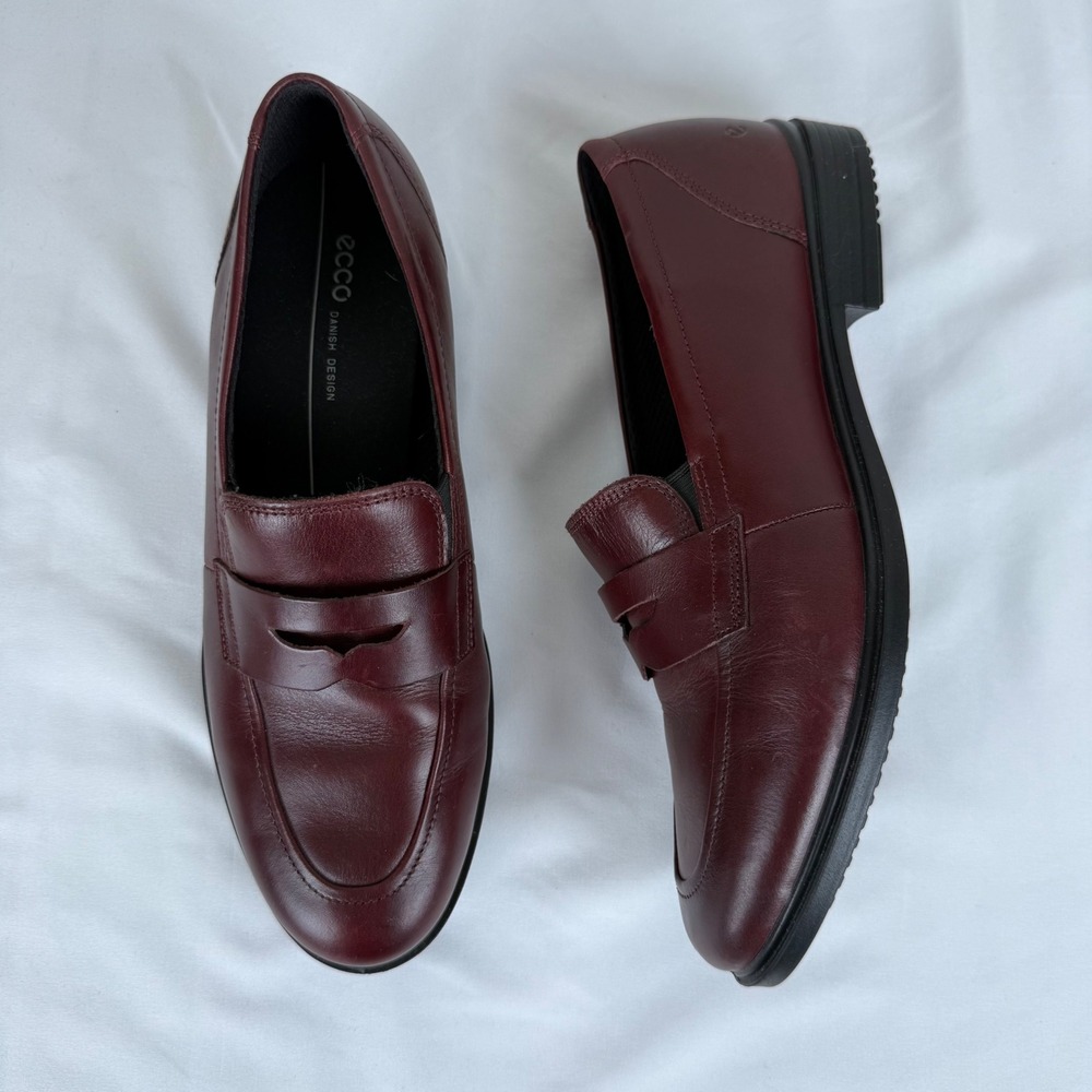 ECCO Womens Burgundy Leather Penny Loafers Danish Minimalist Preppy Size 9-9.5